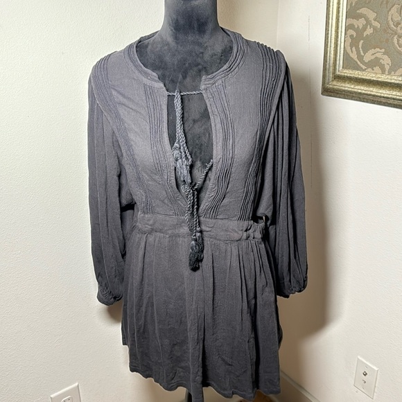 MNG black tie up front Roman dollman sleeves elastic waist Boho dress Sz L - Picture 4 of 15